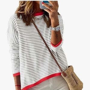 Dokotoo Chic Striped Gray and Red Women's Crewneck Cabincore Cotton Sweater Sz M
